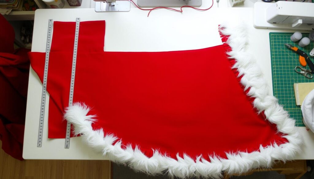 Proces szycia peleryny królewskiej z czerwonego materiału