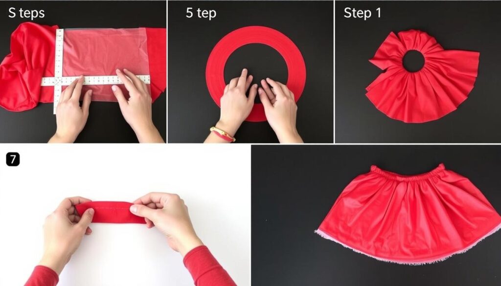 Proces szycia spódniczki piratki z czerwonego materiału