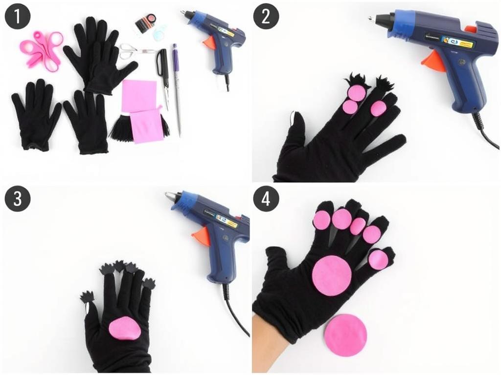 Proces tworzenia łap kota z czarnych rękawiczek i filcu