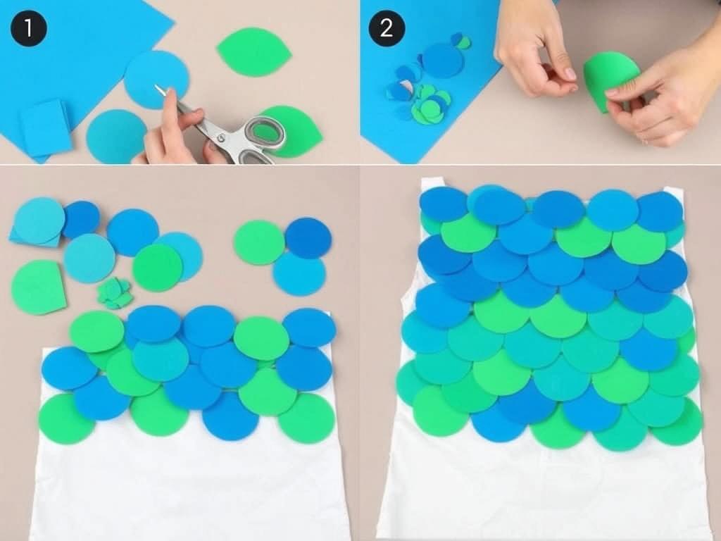 Proces tworzenia łusek do stroju rybki z kolorowej bibuły i materiału
