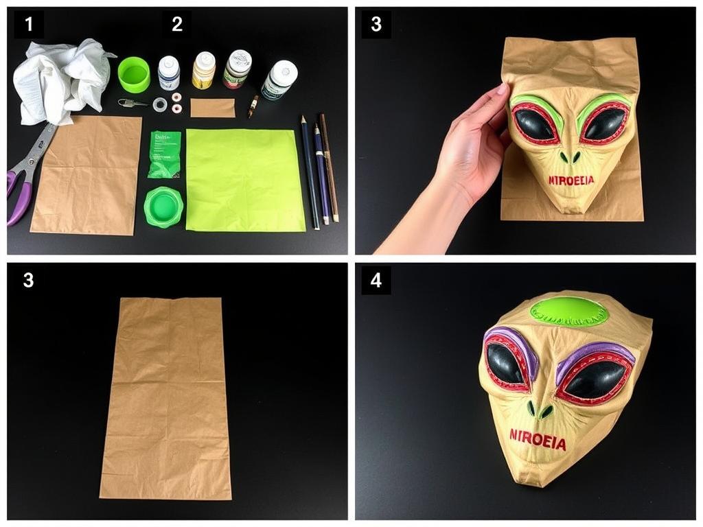 Proces tworzenia maski kosmity z papierowej torby i materiałów dekoracyjnych
