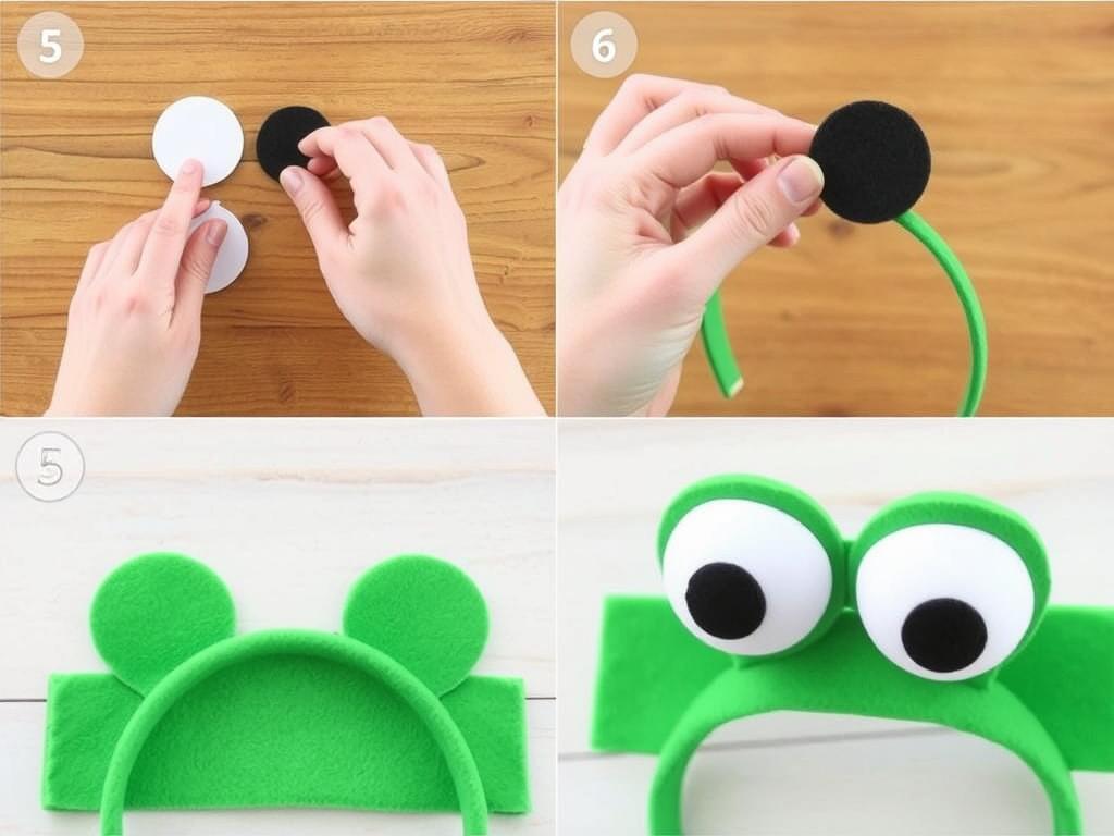 Proces tworzenia oczu żaby na opasce, pokazujący kolejne etapy pracy