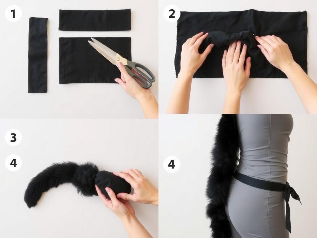Proces tworzenia ogona kota z czarnego materiału i wypełnienia