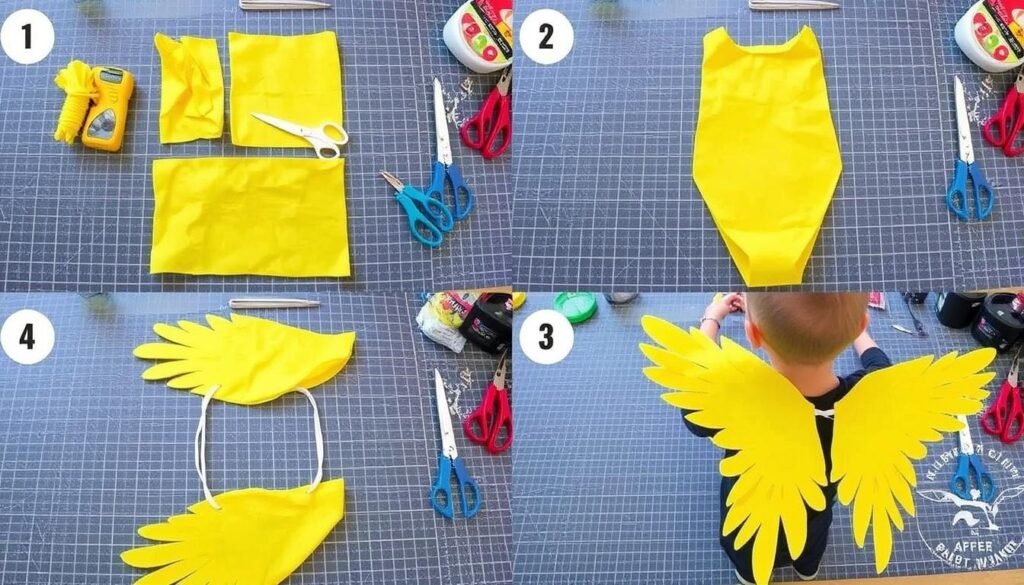 Proces tworzenia skrzydeł do stroju kury z filcu i materiału