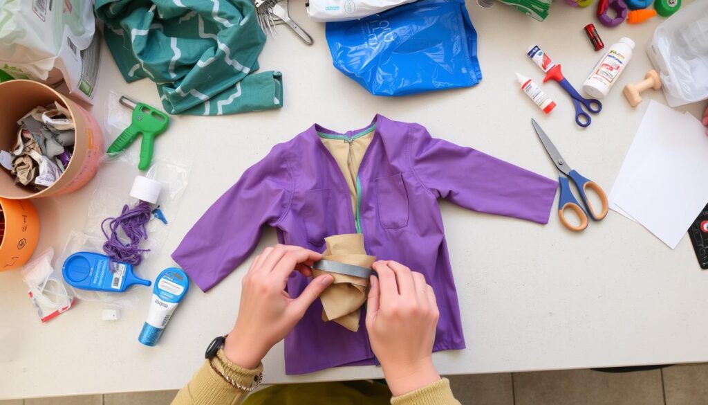 Proces tworzenia stroju z recyklingu - na stole rozłożone materiały, narzędzia i częściowo ukończony kostium