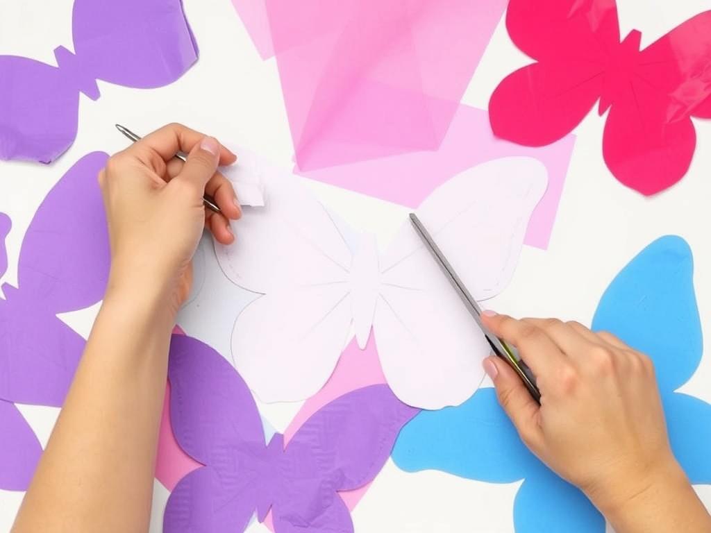 Proces wycinania skrzydeł motyla z kolorowej bibuły