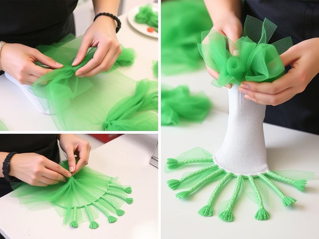 Proces wykonywania łapek żaby z tiulu, pokazujący kolejne etapy pracy