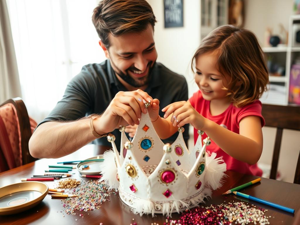Rodzic i dziecko wspólnie tworzący elementy stroju króla