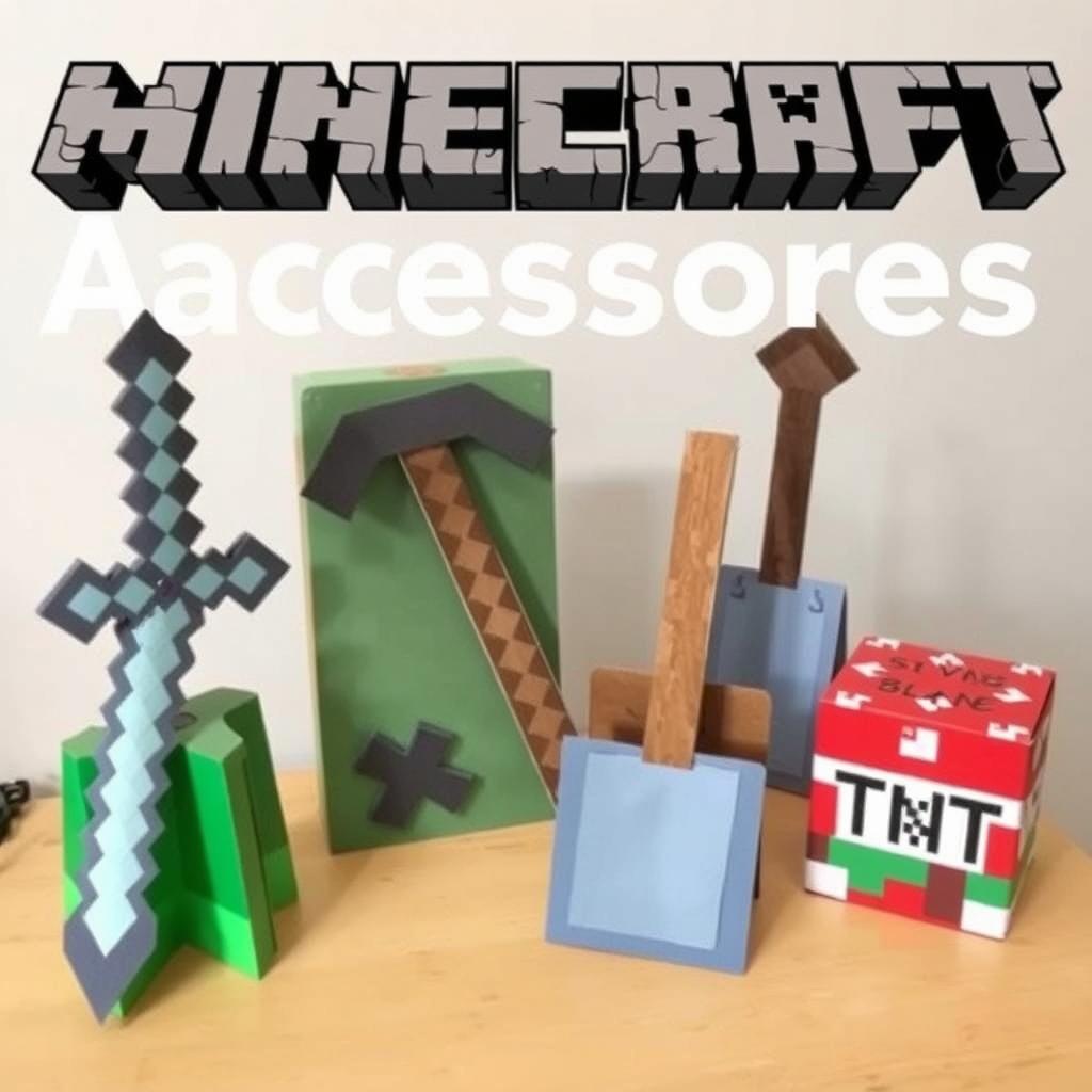 Różne akcesoria Minecraft wykonane z kartonu - miecz, kilof, łopata, blok TNT