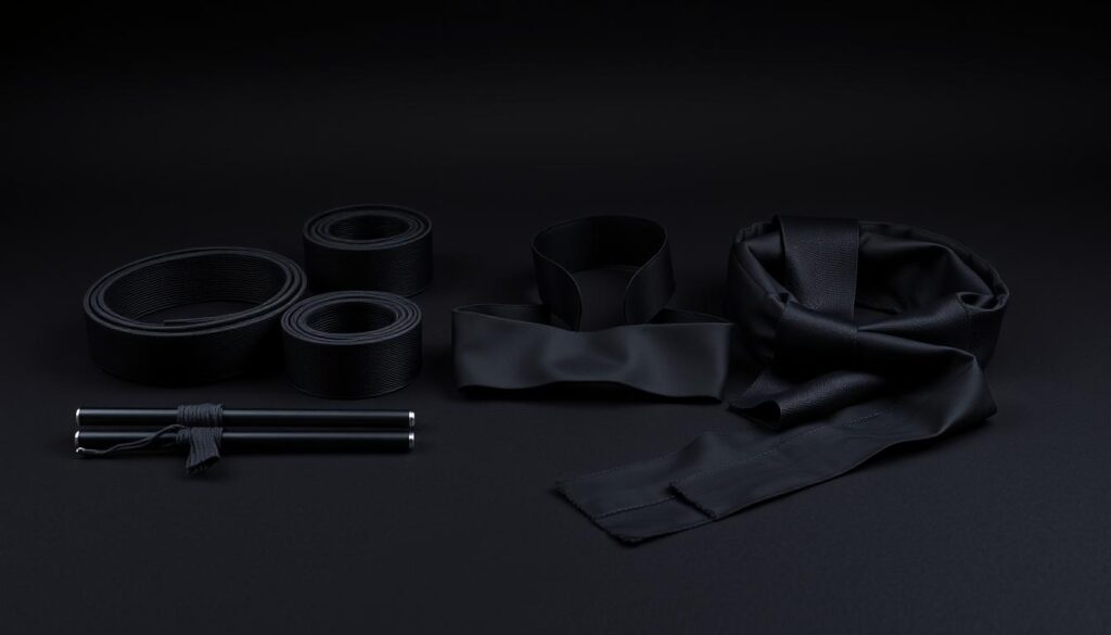 Różne akcesoria do stroju ninja - pas, opaski na nadgarstki, szarfa