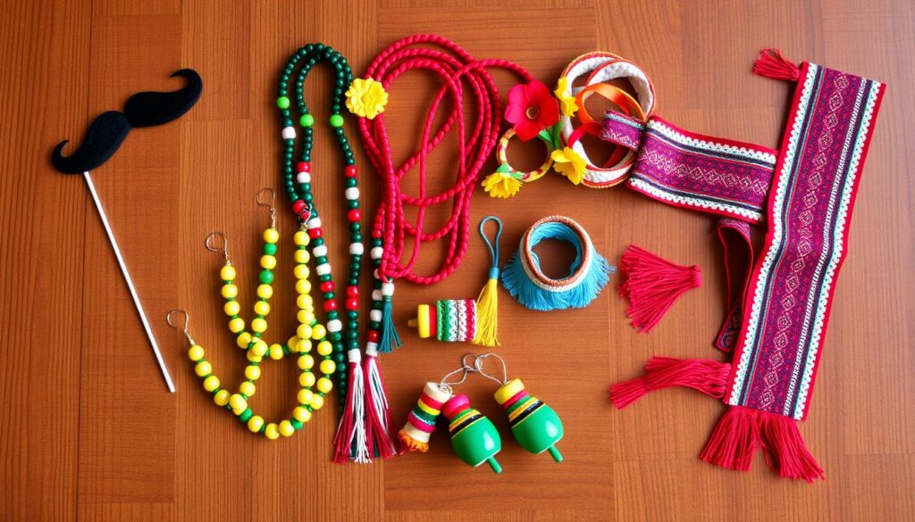Różne dodatki do stroju meksykańskiego, w tym wąsy, biżuteria i ozdoby do włosów