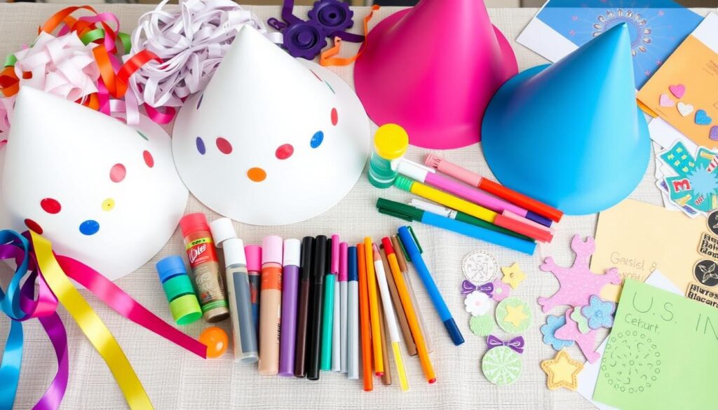 Różne materiały do ozdabiania kapeluszy z papieru - wstążki, brokat, naklejki, farby