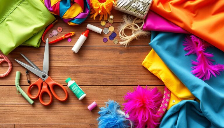 Różne materiały do wykonania stroju karnawałowego dla dorosłych rozłożone na stole