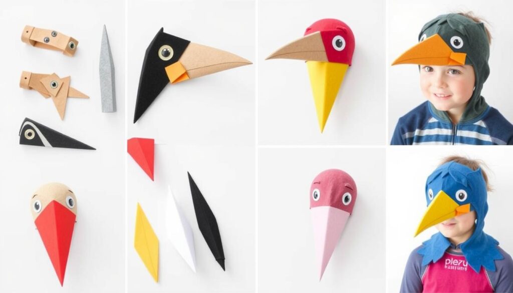 Różne rodzaje dziobów ptaków wykonane metodą DIY do stroju ptaka dla dziecka