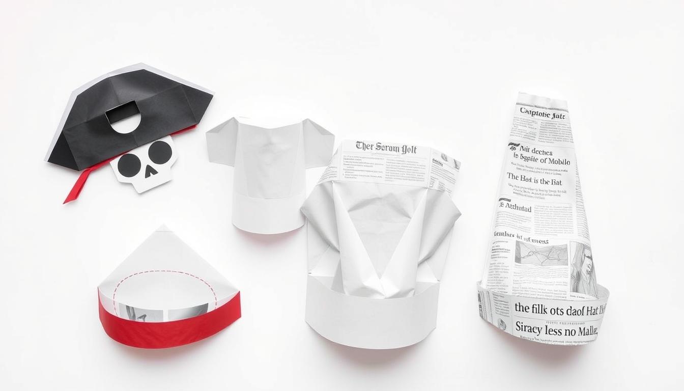 Różne rodzaje kapeluszy z papieru ułożone obok siebie - kapelusz origami, piracki, kucharski i z gazety