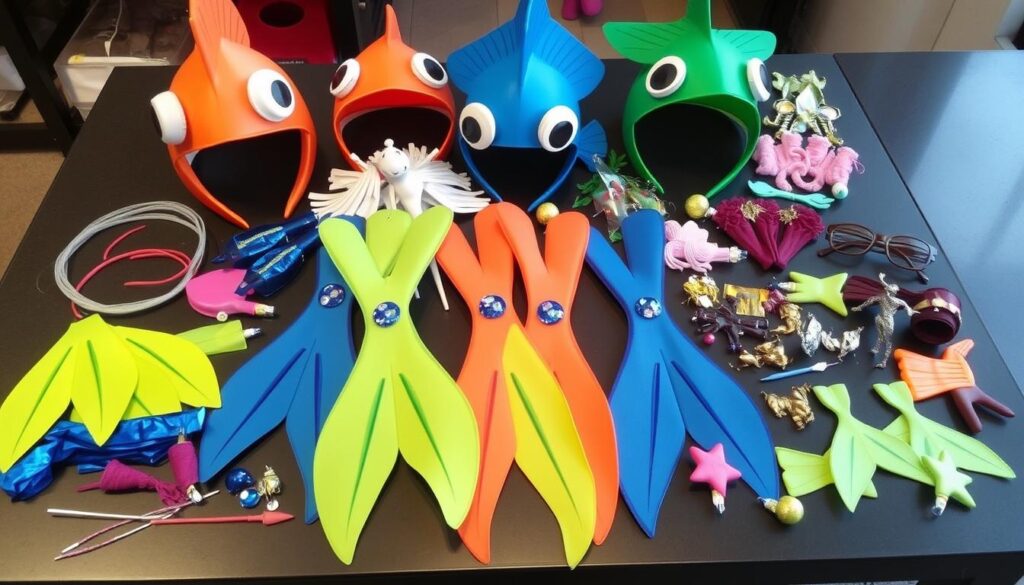 Różnorodne dodatki do stroju rybki - nakrycia głowy, płetwy i ozdoby