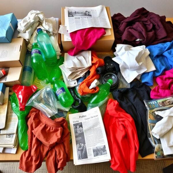 Różnorodne materiały do tworzenia stroju z recyklingu ułożone na stole, w tym kartony, gazety, plastikowe butelki i stare ubrania