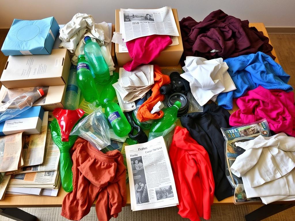 Różnorodne materiały do tworzenia stroju z recyklingu ułożone na stole, w tym kartony, gazety, plastikowe butelki i stare ubrania