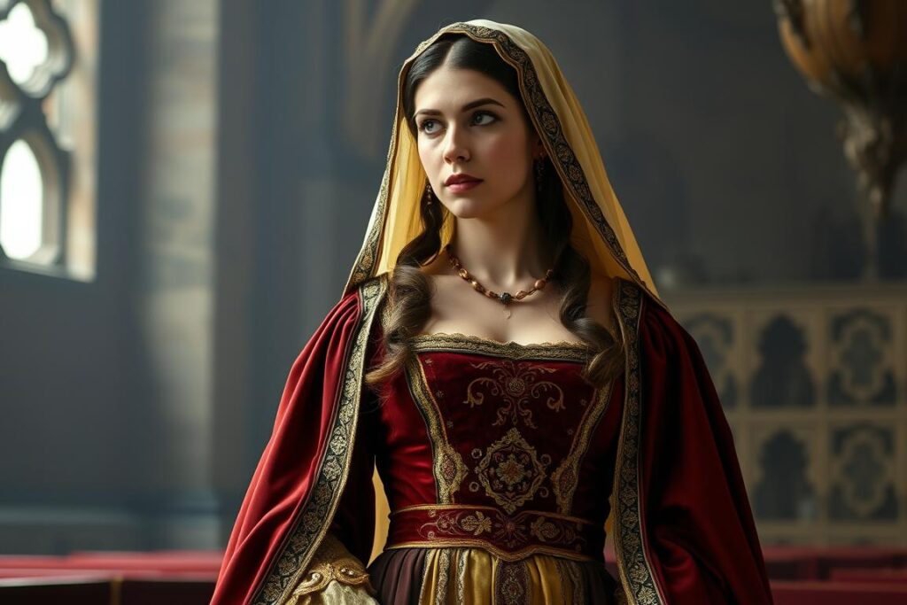 Strój damy dworu z welonami i ozdobami