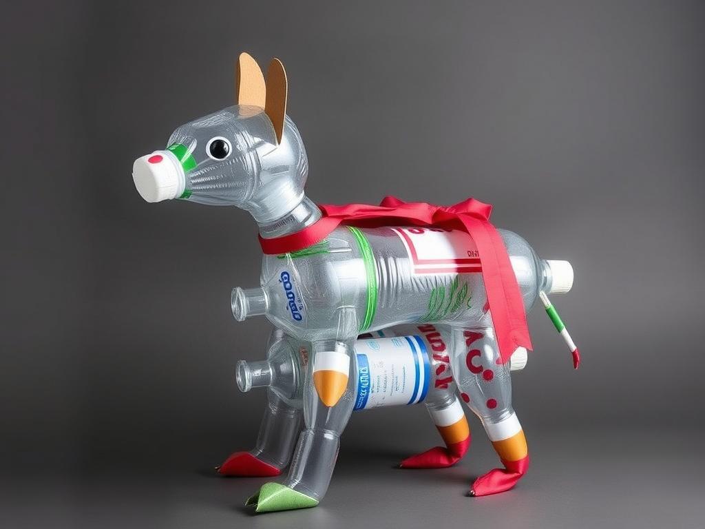 Strój zwierzęcia wykonany z plastikowych butelek pomalowanych na kolorowo, z dodatkami z kartonu i materiału