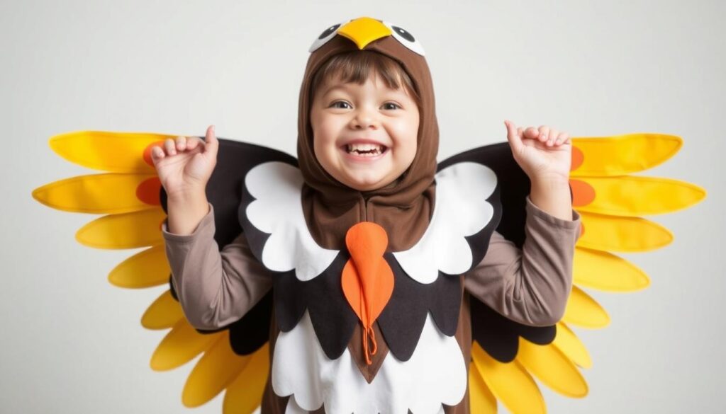 Szczęśliwe dziecko w kompletnym stroju ptaka wykonanym metodą DIY