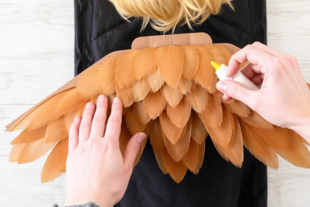 Technika warstwowego naklejania piór na skrzydła do stroju ptaka dla dziecka