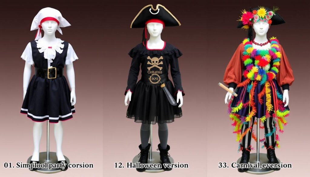 Trzy warianty stroju piratki na różne okazje: szkolny bal, Halloween i karnawał