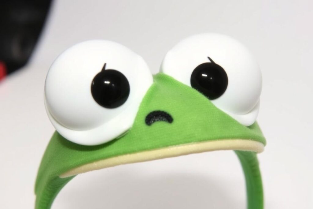 Zbliżenie na gotowe oczy żaby na opasce, pokazujące detale i wykończenie