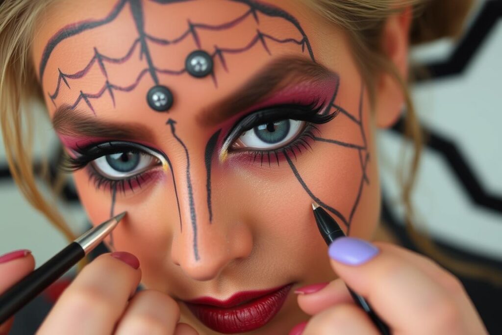 Zbliżenie na makijaż twarzy pasujący do stroju pająka
