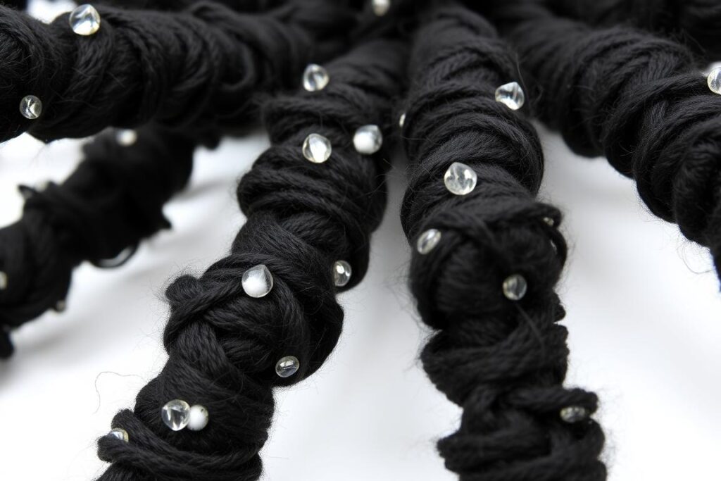 Zbliżenie na nogi pająka wykonane z czarnej włóczki wypełnionej watą