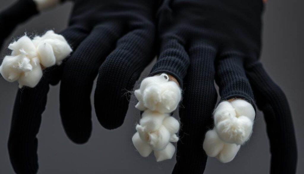 Zbliżenie na rękawiczki wypełnione watą jako nogi pająka