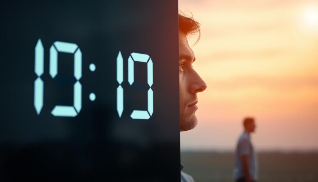 Zegarek pokazujący godzinę 19:19 na tle osoby w zamyśleniu, symbolizujący transformację i zakończenie cyklu w miłości