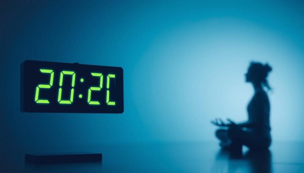 Zegarek pokazujący godzinę 20:20 na tle osoby medytującej, symbolizujący intuicję i zaufanie w sprawach miłosnych