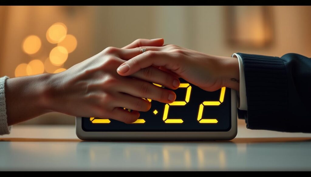 Zegarek pokazujący godzinę 22:22 na tle pary trzymającej się za ręce, symbolizujący harmonię i równowagę w związku