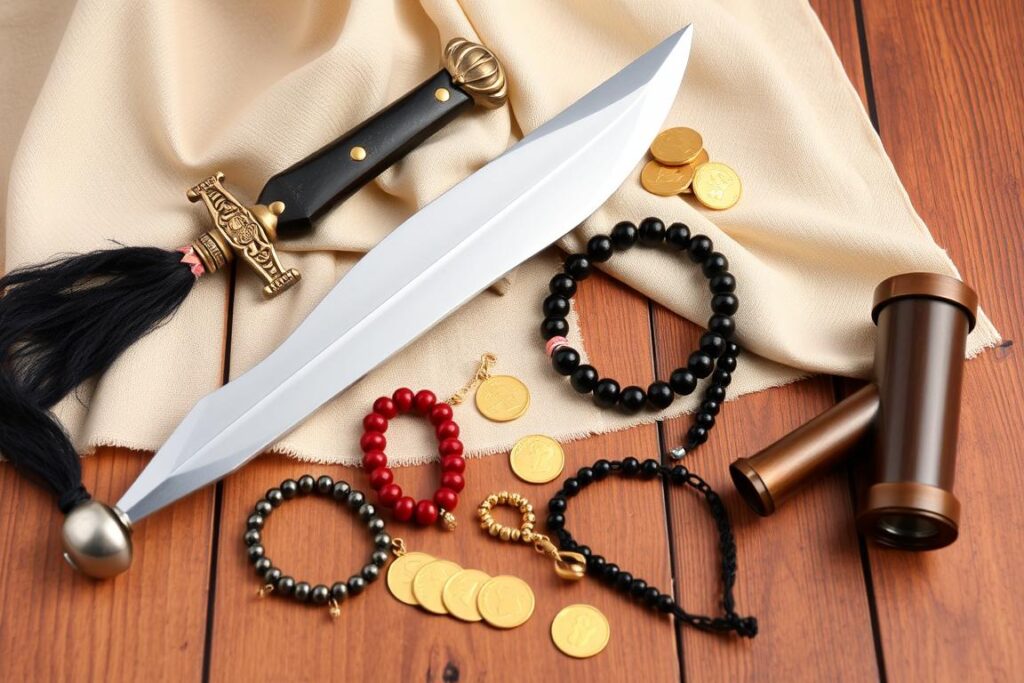 Zestaw dodatkowych akcesoriów do stroju piratki: miecz, hak, biżuteria