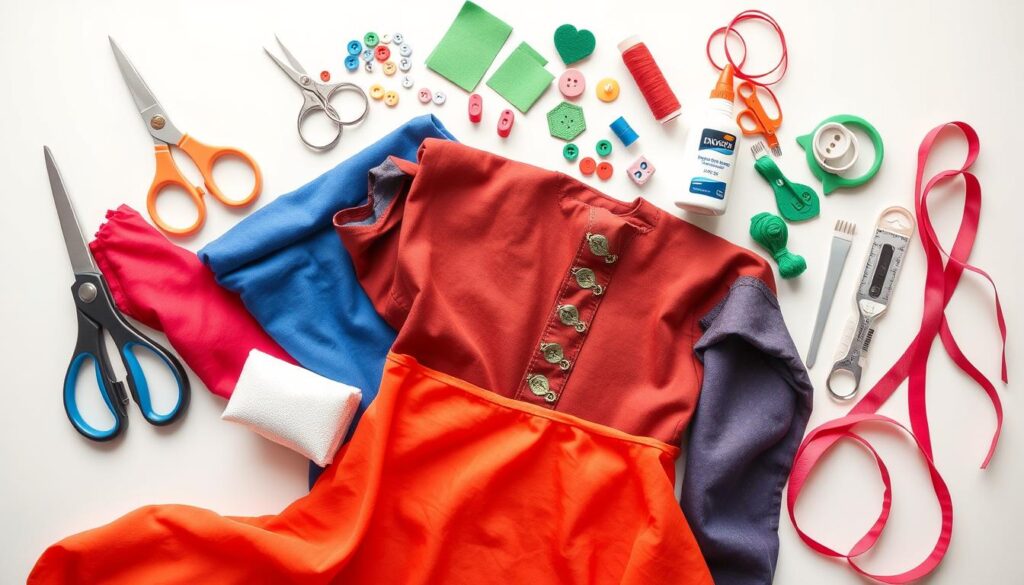 Zestaw materiałów do tworzenia stroju postaci z bajki rozłożony na stole