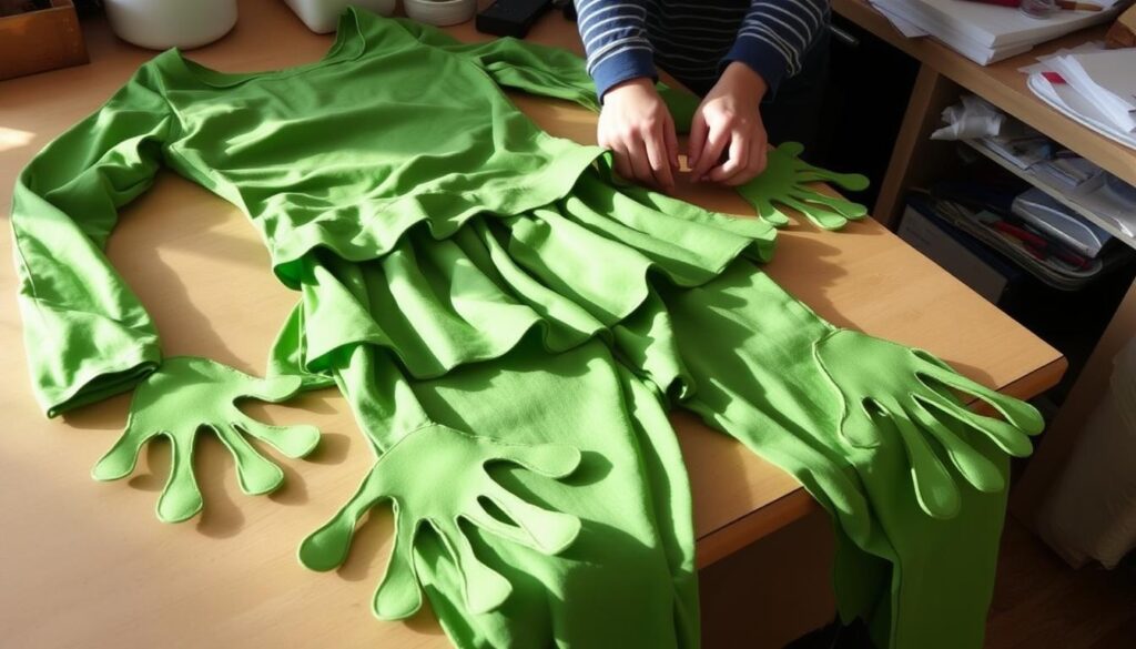 Zielony kostium żaby w trakcie wykonywania, pokazujący techniki łączenia elementów