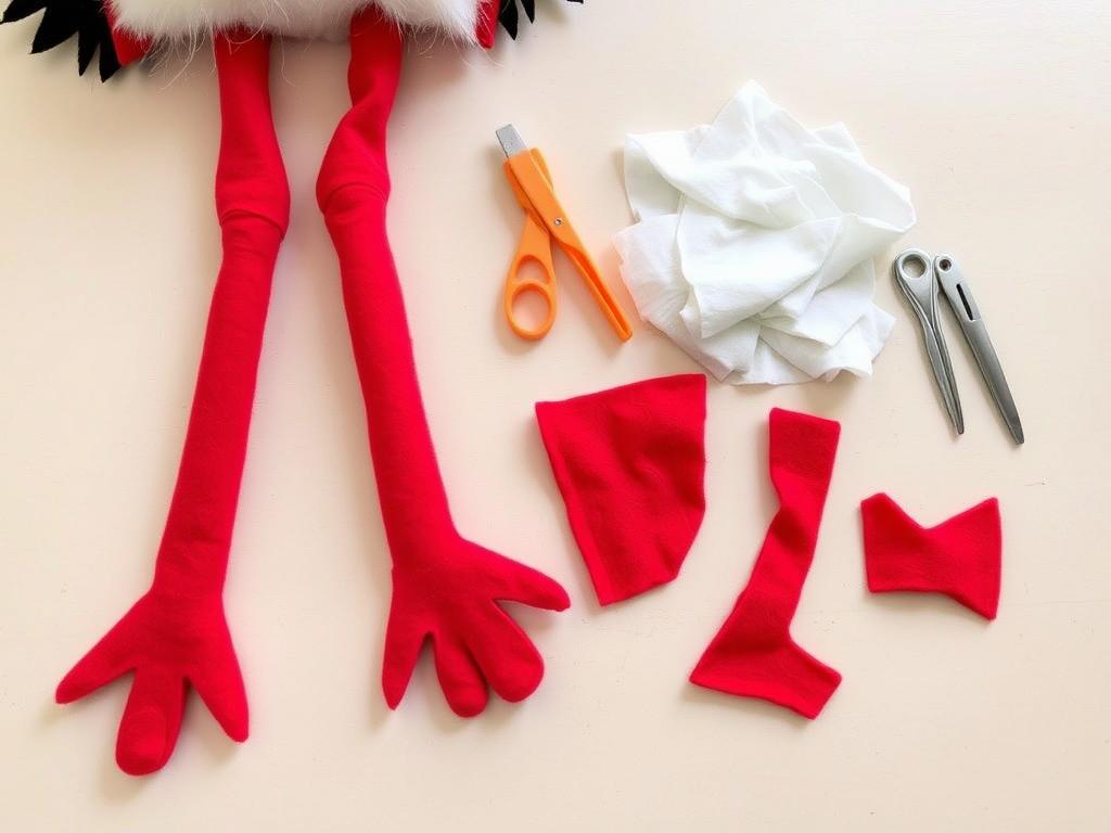 Czerwone nogi bociana wykonane z filcu i rajstop