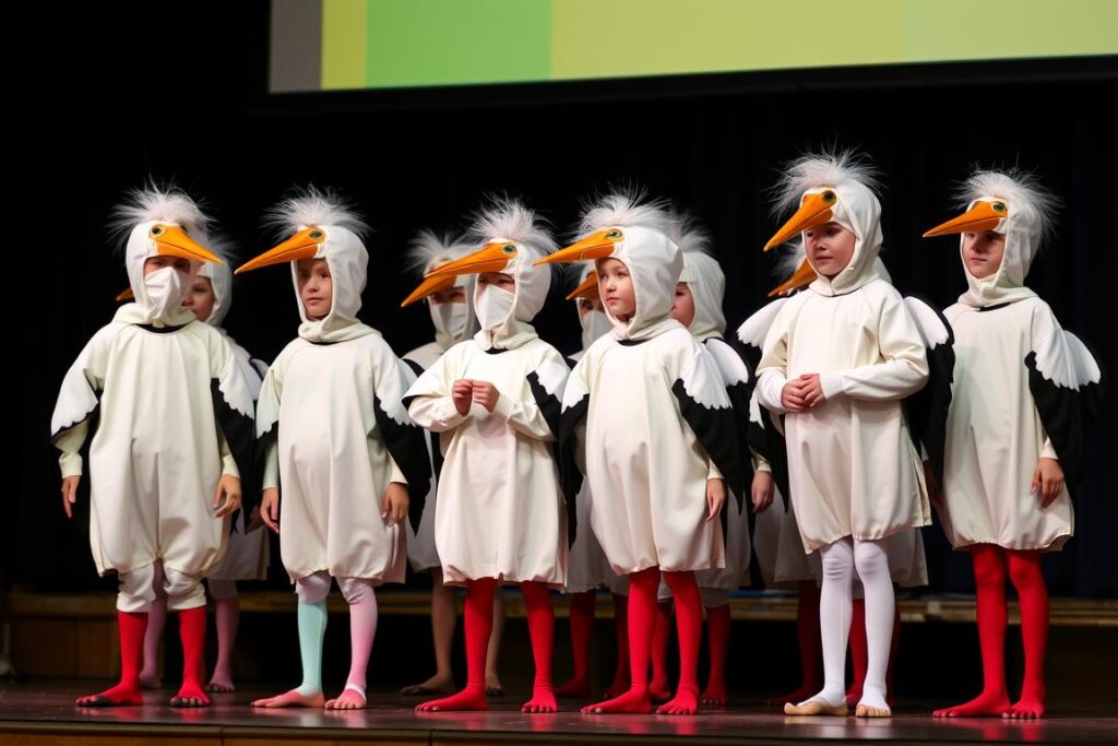 Dzieci w strojach bociana podczas przedstawienia szkolnego