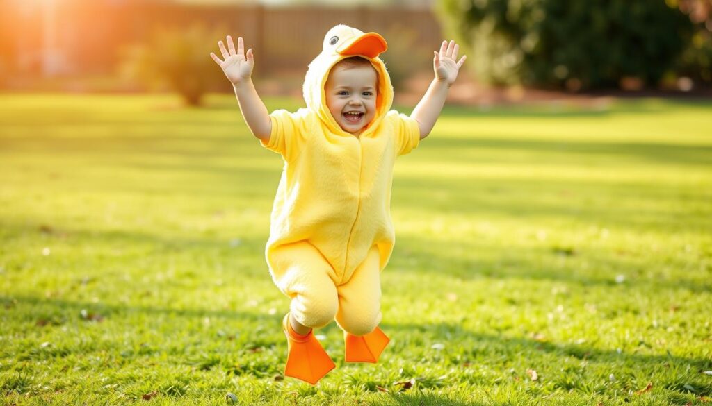 Dziecko w kompletnym stroju kaczki dziwaczki, uśmiechnięte i szczęśliwe