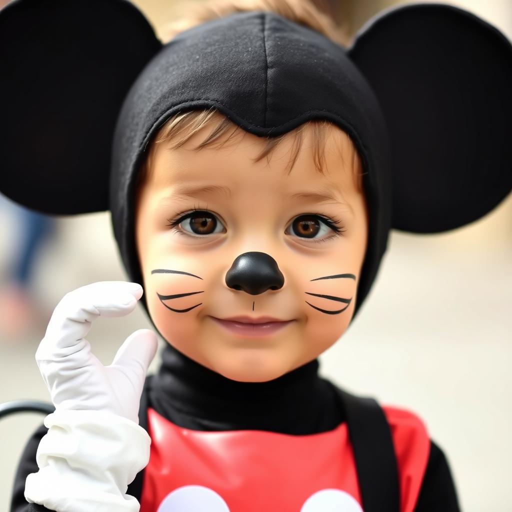 Dziecko w pełnym stroju myszki miki z makijażem i dodatkami Dziecko w pełnym stroju myszki miki z makijażem i dodatkami