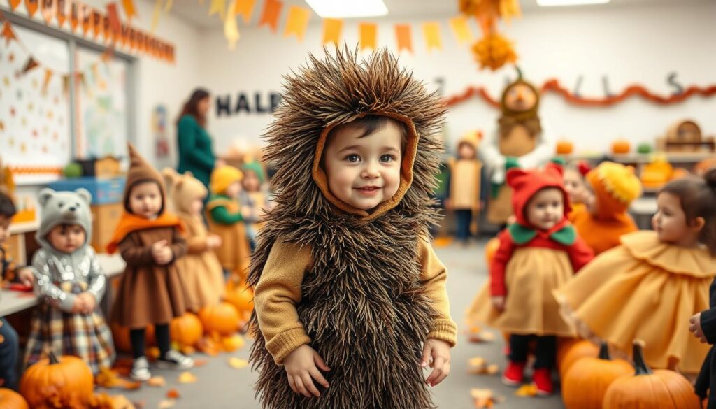 Dziecko w stroju jeża jak zrobić podczas balu jesieni w przedszkolu