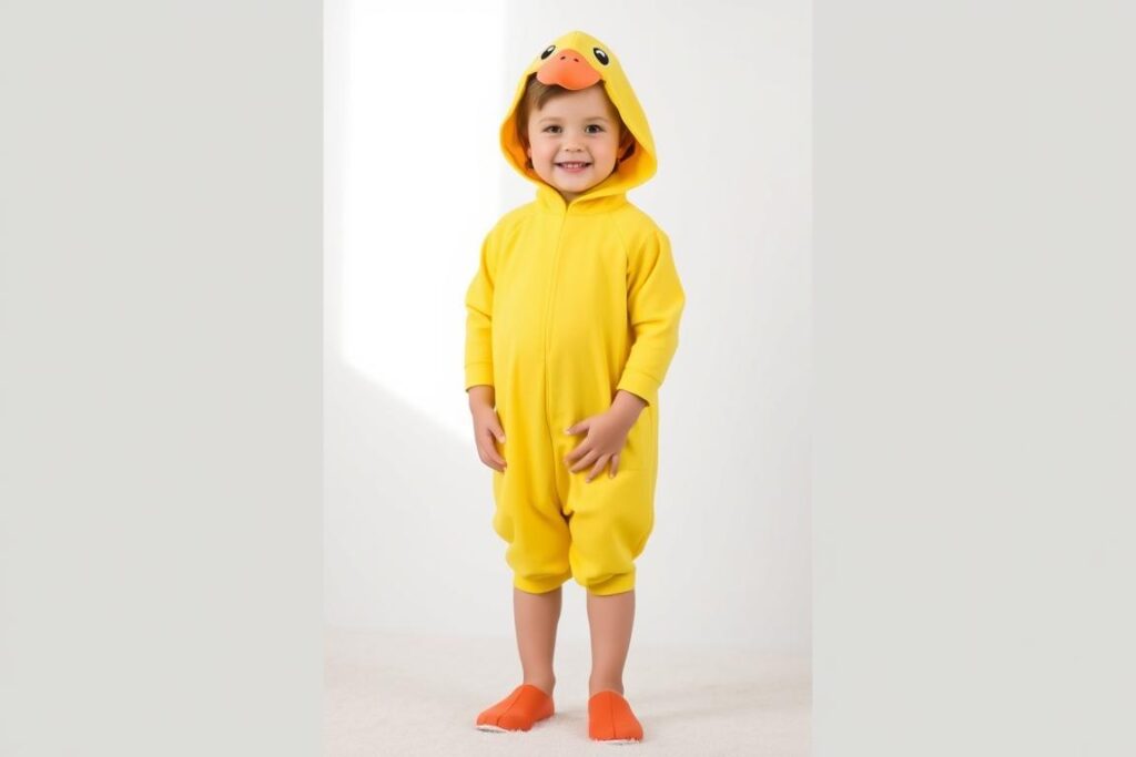 Dziecko w żółtym kombinezonie będącym podstawą stroju kaczki dziwaczki