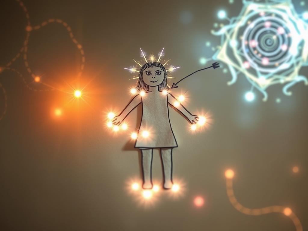 Energetyczny aspekt laleczki voodoo na kartce, przedstawiony jako świetliste aury wokół rysunku