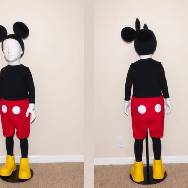 Gotowe przebranie myszka miki dla dziecka z charakterystycznymi uszami i czerwonymi spodenkami