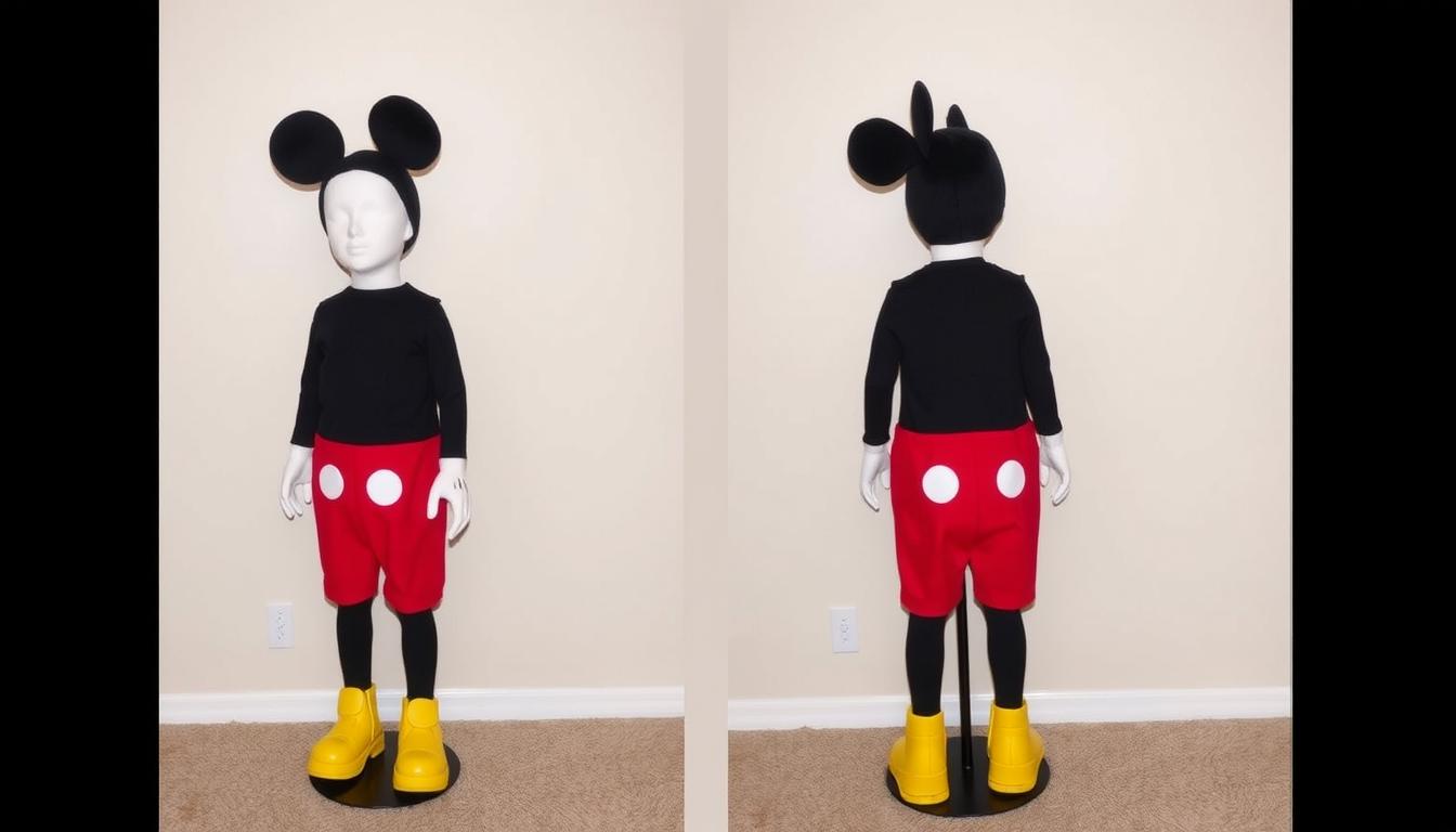 Gotowe przebranie myszka miki dla dziecka z charakterystycznymi uszami i czerwonymi spodenkami