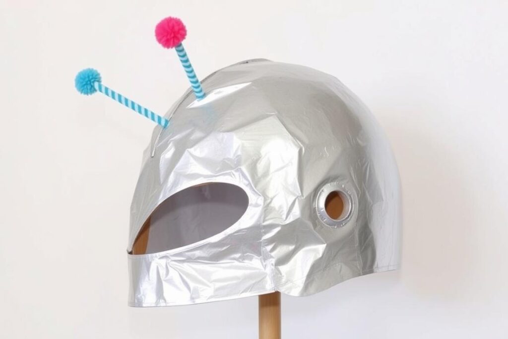 Gotowy hełm kosmity z czułkami wykonany z kartonu i folii aluminiowej