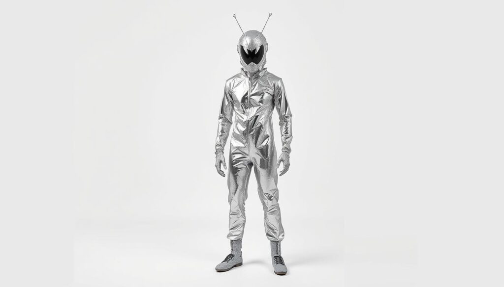 Gotowy strój kosmity z folii aluminiowej z wszystkimi elementami: kombinezon, hełm, czułki i akcesoria