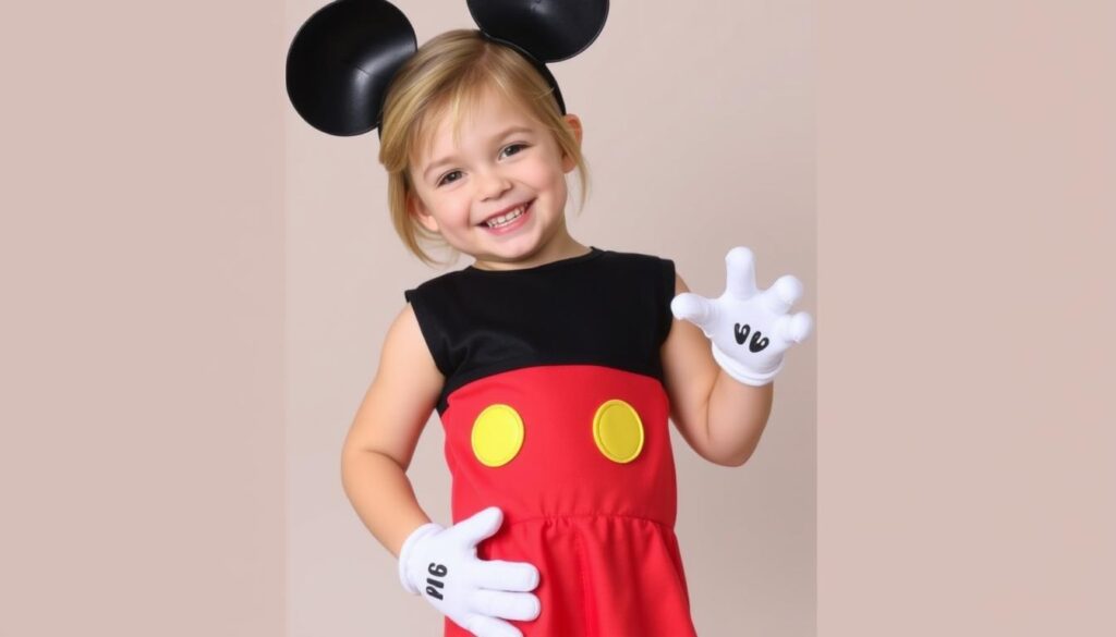 Gotowy strój myszki miki prezentowany przez uśmiechnięte dziecko Gotowy strój myszki miki prezentowany przez uśmiechnięte dziecko