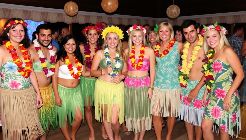 Grupa osób w samodzielnie wykonanych strojach hawajskich na imprezie tematycznej